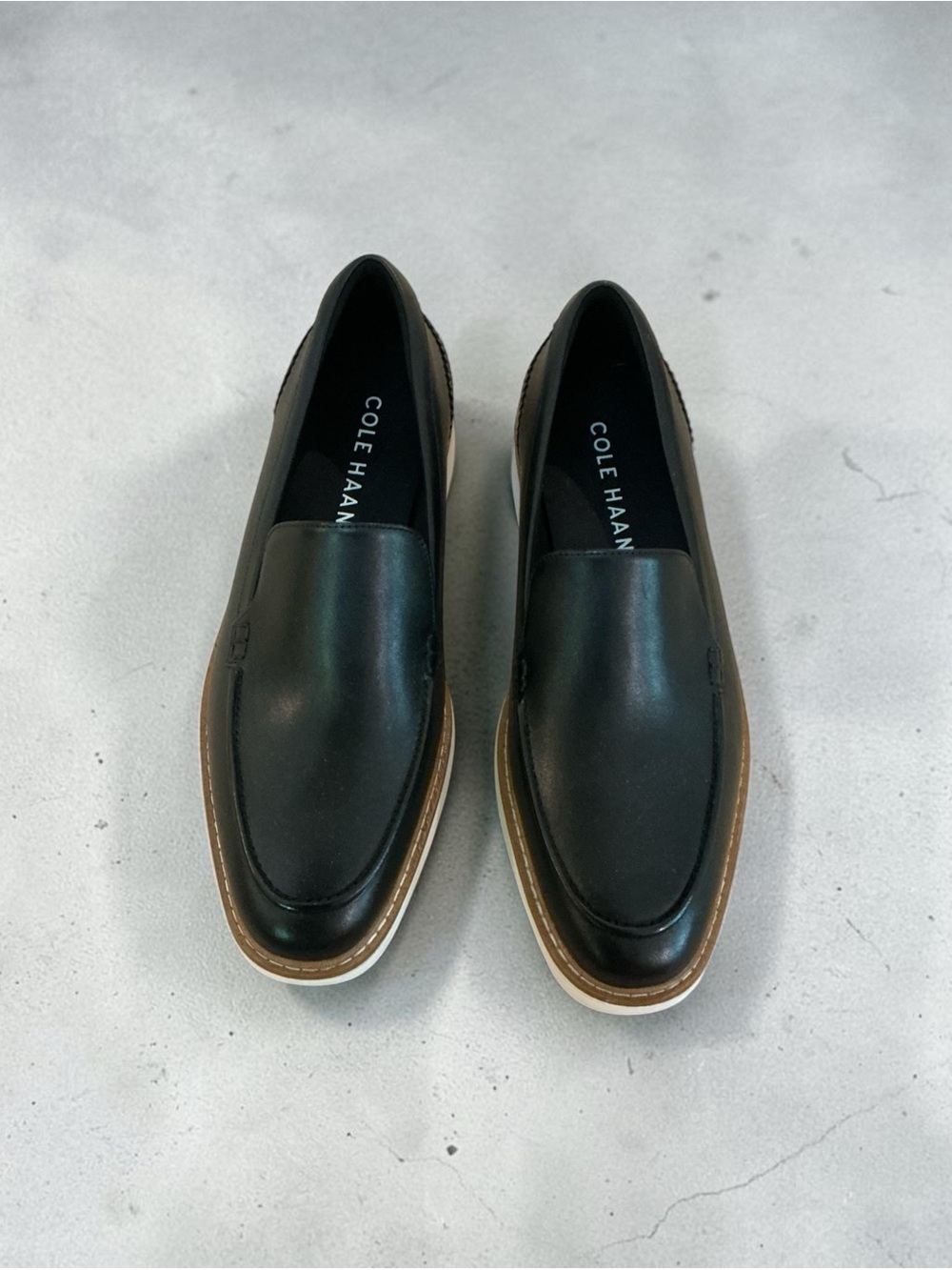 Cole Haan Black Leather Slip-On Loafers with Tan Welt